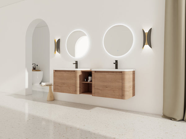 English Elm 68'' Wall-Mounted Bathroom Vanity with White Ceramic Sink, Plywood Shelves, Soft-Close Door Elegance W999S00382