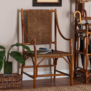 Baxton Studio Bali Ramos Marbled Tortoise Rattan & Seagrass Armchair — Handwoven Boho Accent Seat, Assembled WS203-Tortoise Rattan-CC