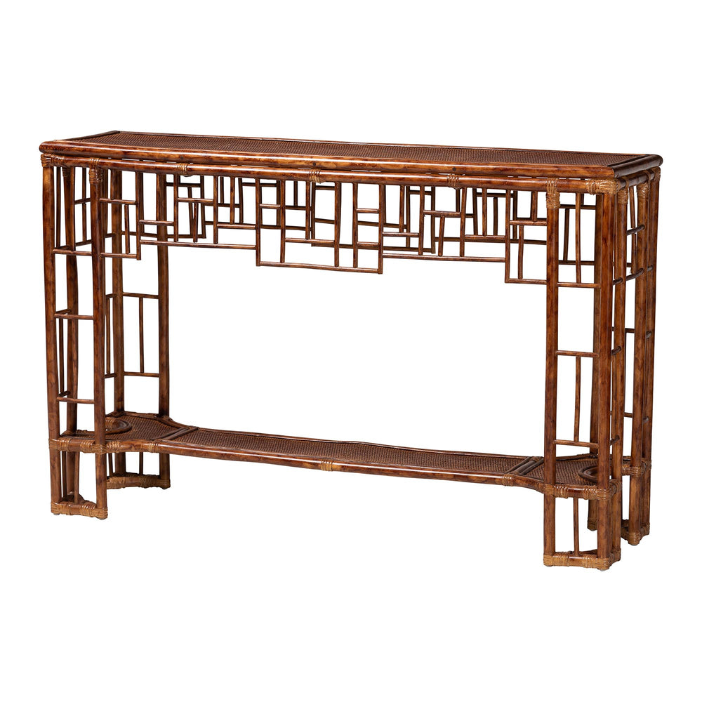 Baxton Studio Bali Tahlia Marbled Tortoise Rattan Console Table — Handwoven Coastal Boho Openwork Shelf, Ready To Use WS207-Tortoise Rattan-Console Table