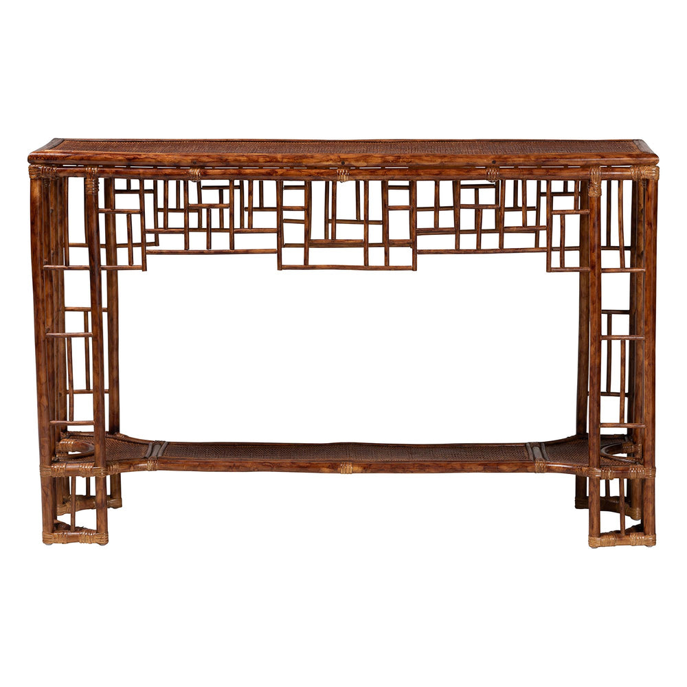 Baxton Studio Bali Tahlia Marbled Tortoise Rattan Console Table — Handwoven Coastal Boho Openwork Shelf, Ready To Use WS207-Tortoise Rattan-Console Table