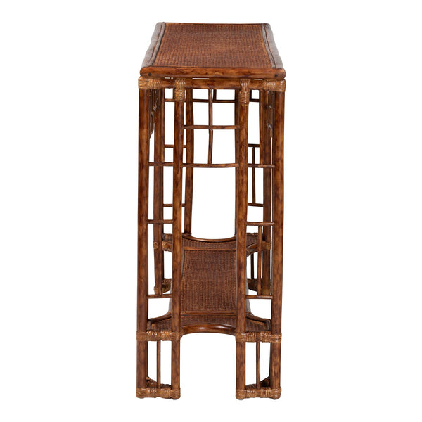 Baxton Studio Bali Tahlia Marbled Tortoise Rattan Console Table — Handwoven Coastal Boho Openwork Shelf, Ready To Use WS207-Tortoise Rattan-Console Table
