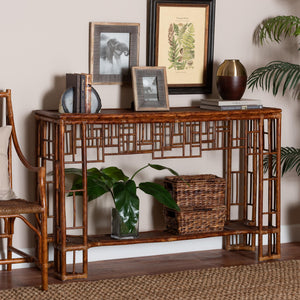 Baxton Studio Bali Tahlia Marbled Tortoise Rattan Console Table — Handwoven Coastal Boho Openwork Shelf, Ready To Use WS207-Tortoise Rattan-Console Table