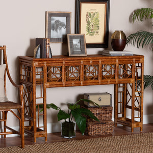Baxton Studio Bali Wahid Marbled Tortoise Rattan Console Table – Handwoven Coastal Boho Chinoiserie Accent, 55" WS208-Tortoise Rattan-Console Table