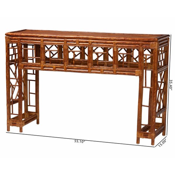 Baxton Studio Bali Wahid Marbled Tortoise Rattan Console Table – Handwoven Coastal Boho Chinoiserie Accent, 55" WS208-Tortoise Rattan-Console Table