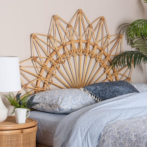 Baxton Studio Bali Solara Natural Rattan Headboard — Handwoven Sunburst Wicker Wall-Mount, Coastal Boho Queen (W63") MD39887-Solara-Natural Rattan-Queen-HB