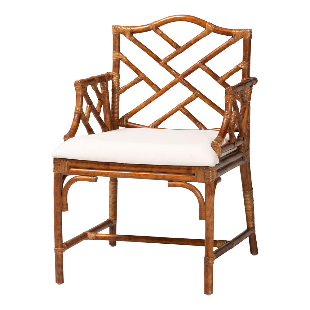Baxton Studio Bali Esmery Marbled Tortoise Rattan Dining Chair — Handcrafted Wicker Armchair With Plush Seat 23.60" W x 25.20" D x 36.20" H WS209-Tortoise Rattan Cushion-Arm-DC