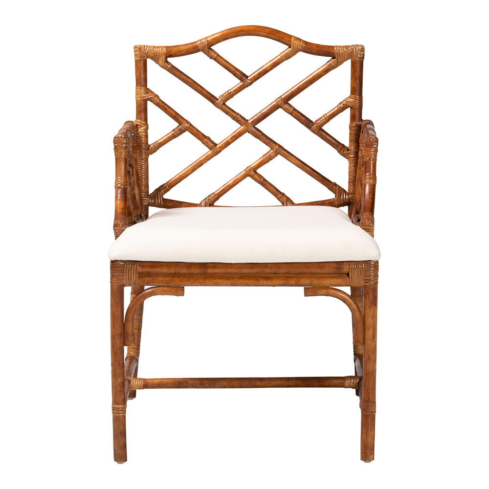 Baxton Studio Bali Esmery Marbled Tortoise Rattan Dining Chair — Handcrafted Wicker Armchair With Plush Seat 23.60" W x 25.20" D x 36.20" H WS209-Tortoise Rattan Cushion-Arm-DC