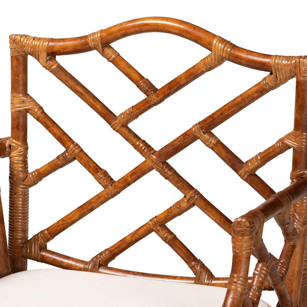Baxton Studio Bali Esmery Marbled Tortoise Rattan Dining Chair — Handcrafted Wicker Armchair With Plush Seat 23.60" W x 25.20" D x 36.20" H WS209-Tortoise Rattan Cushion-Arm-DC