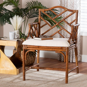 Baxton Studio Bali Esmery Marbled Tortoise Rattan Dining Chair — Handcrafted Wicker Armchair With Plush Seat 23.60" W x 25.20" D x 36.20" H WS209-Tortoise Rattan Cushion-Arm-DC