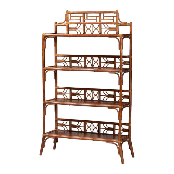 Baxton Studio Bali Basile Marbled Tortoise Rattan Display Shelf — Handwoven 4-Tier Vertical Boho Etagere For Small Spaces 38.20" W x 12.60" D x 60.60" H WS210-Tortoise Rattan-Shelf