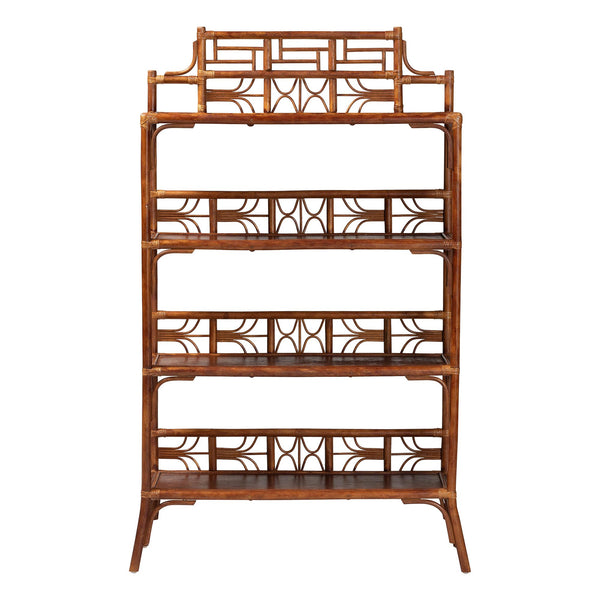 Baxton Studio Bali Basile Marbled Tortoise Rattan Display Shelf — Handwoven 4-Tier Vertical Boho Etagere For Small Spaces 38.20" W x 12.60" D x 60.60" H WS210-Tortoise Rattan-Shelf