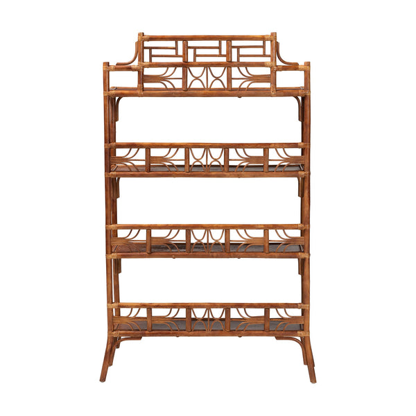 Baxton Studio Bali Basile Marbled Tortoise Rattan Display Shelf — Handwoven 4-Tier Vertical Boho Etagere For Small Spaces 38.20" W x 12.60" D x 60.60" H WS210-Tortoise Rattan-Shelf
