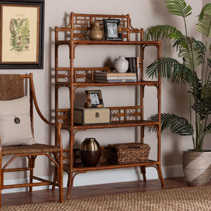 Baxton Studio Bali Basile Marbled Tortoise Rattan Display Shelf — Handwoven 4-Tier Vertical Boho Etagere For Small Spaces 38.20" W x 12.60" D x 60.60" H WS210-Tortoise Rattan-Shelf