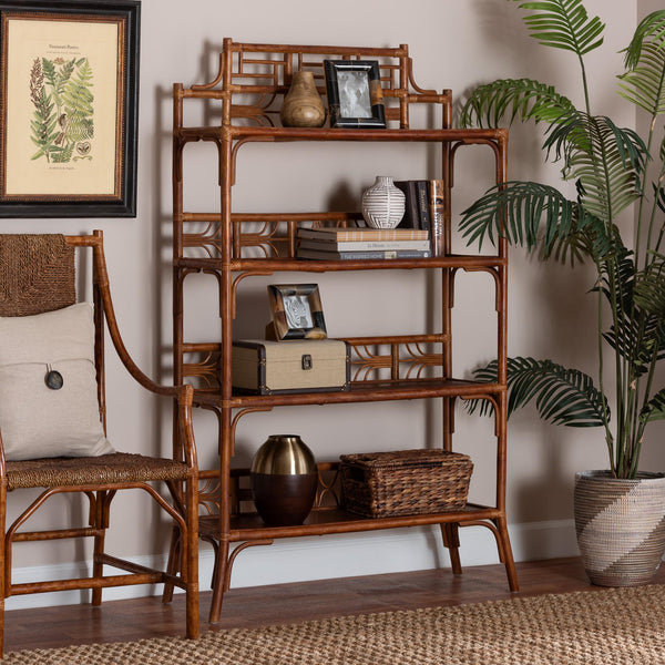 Baxton Studio Bali Basile Marbled Tortoise Rattan Display Shelf — Handwoven 4-Tier Vertical Boho Etagere For Small Spaces 38.20" W x 12.60" D x 60.60" H WS210-Tortoise Rattan-Shelf