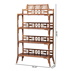 Baxton Studio Bali Basile Marbled Tortoise Rattan Display Shelf — Handwoven 4-Tier Vertical Boho Etagere For Small Spaces 38.20" W x 12.60" D x 60.60" H WS210-Tortoise Rattan-Shelf