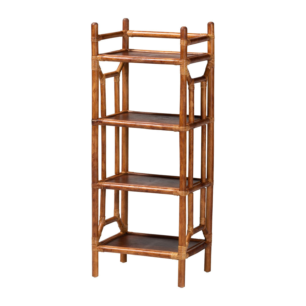 Baxton Studio Bali Basile Marbled Tortoise Rattan Display Shelf — Handwoven 4-Tier Vertical Boho Etagere For Small Spaces 16.10" W x 12.20" D x 40.60" H WS197-Tortoise Rattan-Shelf