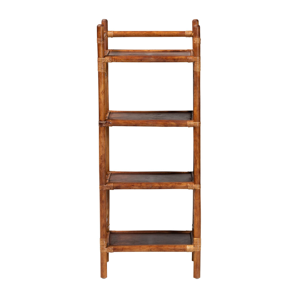 Baxton Studio Bali Basile Marbled Tortoise Rattan Display Shelf — Handwoven 4-Tier Vertical Boho Etagere For Small Spaces 16.10" W x 12.20" D x 40.60" H WS197-Tortoise Rattan-Shelf