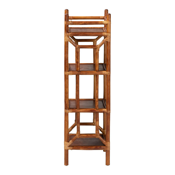 Baxton Studio Bali Basile Marbled Tortoise Rattan Display Shelf — Handwoven 4-Tier Vertical Boho Etagere For Small Spaces 16.10" W x 12.20" D x 40.60" H WS197-Tortoise Rattan-Shelf