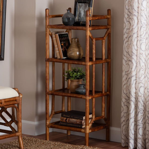 Baxton Studio Bali Basile Marbled Tortoise Rattan Display Shelf — Handwoven 4-Tier Vertical Boho Etagere For Small Spaces 16.10" W x 12.20" D x 40.60" H WS197-Tortoise Rattan-Shelf