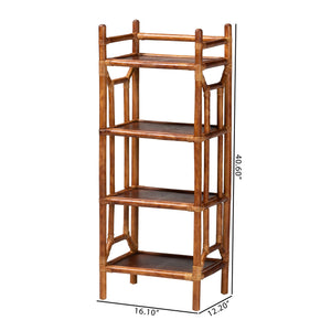 Baxton Studio Bali Basile Marbled Tortoise Rattan Display Shelf — Handwoven 4-Tier Vertical Boho Etagere For Small Spaces 16.10" W x 12.20" D x 40.60" H WS197-Tortoise Rattan-Shelf