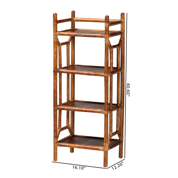 Baxton Studio Bali Basile Marbled Tortoise Rattan Display Shelf — Handwoven 4-Tier Vertical Boho Etagere For Small Spaces 16.10" W x 12.20" D x 40.60" H WS197-Tortoise Rattan-Shelf