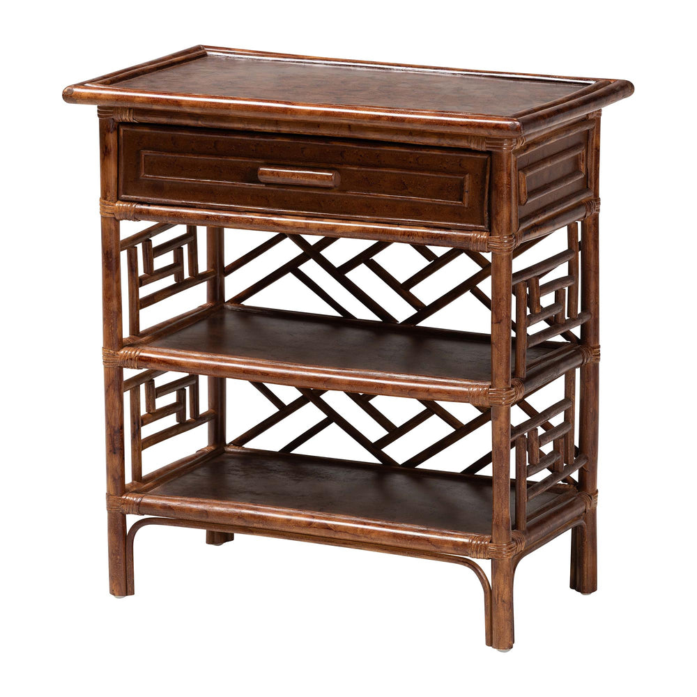 Baxton Studio Bali Daemyn Marbled Tortoise Rattan Nightstand — Handcrafted Wicker Bedside Table With Drawer, Open Shelves, Geometric Lattice Finish WS199-Sm-Tortoise Rattan-NS