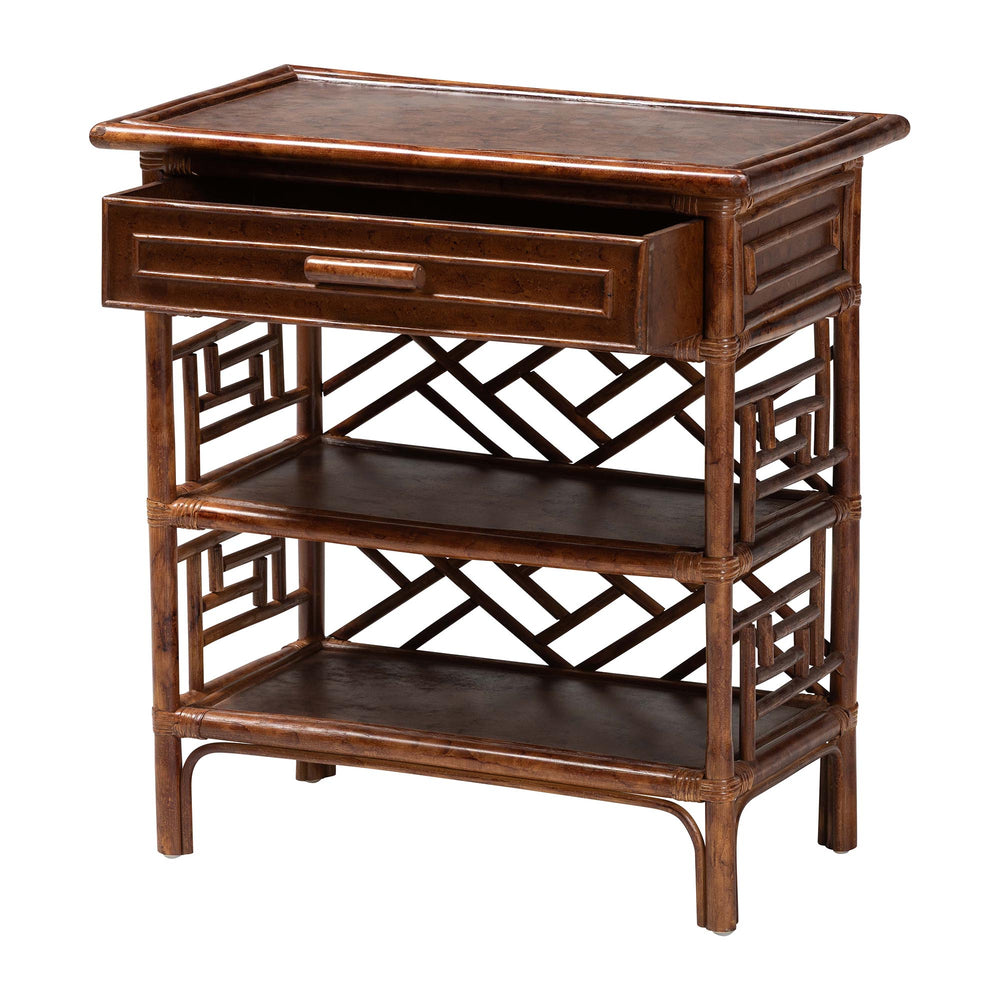 Baxton Studio Bali Daemyn Marbled Tortoise Rattan Nightstand — Handcrafted Wicker Bedside Table With Drawer, Open Shelves, Geometric Lattice Finish WS199-Sm-Tortoise Rattan-NS