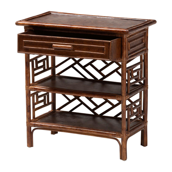 Baxton Studio Bali Daemyn Marbled Tortoise Rattan Nightstand — Handcrafted Wicker Bedside Table With Drawer, Open Shelves, Geometric Lattice Finish WS199-Sm-Tortoise Rattan-NS