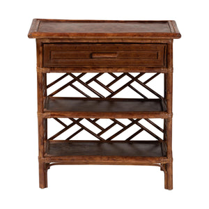 Baxton Studio Bali Daemyn Marbled Tortoise Rattan Nightstand — Handcrafted Wicker Bedside Table With Drawer, Open Shelves, Geometric Lattice Finish WS199-Sm-Tortoise Rattan-NS