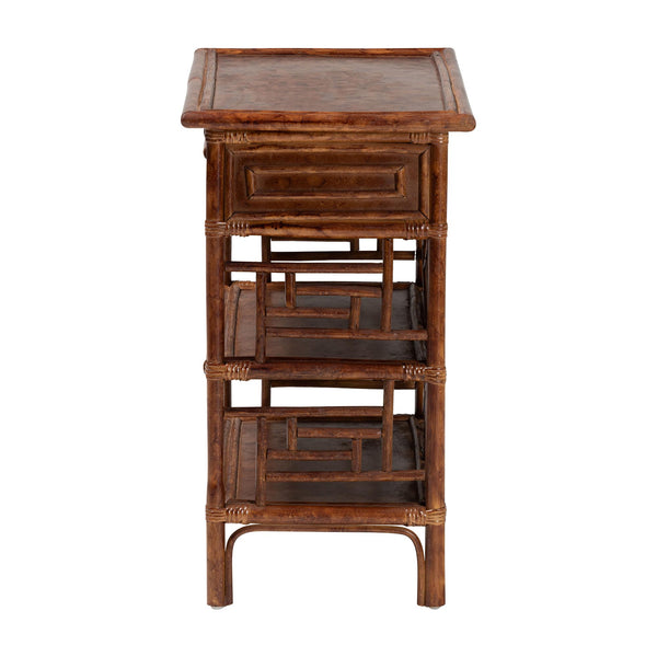 Baxton Studio Bali Daemyn Marbled Tortoise Rattan Nightstand — Handcrafted Wicker Bedside Table With Drawer, Open Shelves, Geometric Lattice Finish WS199-Sm-Tortoise Rattan-NS