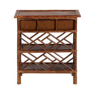 Baxton Studio Bali Daemyn Marbled Tortoise Rattan Nightstand — Handcrafted Wicker Bedside Table With Drawer, Open Shelves, Geometric Lattice Finish WS199-Sm-Tortoise Rattan-NS