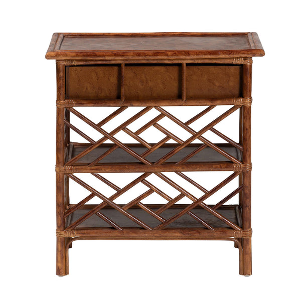 Baxton Studio Bali Daemyn Marbled Tortoise Rattan Nightstand — Handcrafted Wicker Bedside Table With Drawer, Open Shelves, Geometric Lattice Finish WS199-Sm-Tortoise Rattan-NS