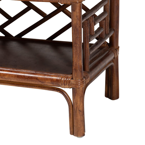 Baxton Studio Bali Daemyn Marbled Tortoise Rattan Nightstand — Handcrafted Wicker Bedside Table With Drawer, Open Shelves, Geometric Lattice Finish WS199-Sm-Tortoise Rattan-NS