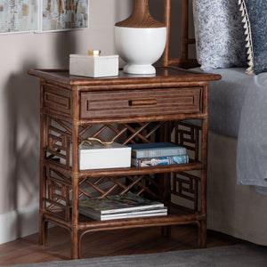 Baxton Studio Bali Daemyn Marbled Tortoise Rattan Nightstand — Handcrafted Wicker Bedside Table With Drawer, Open Shelves, Geometric Lattice Finish WS199-Sm-Tortoise Rattan-NS