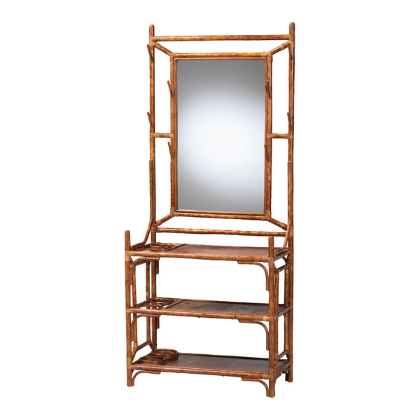 Baxton Studio Bali Feyre Marbled Tortoise Rattan Hall Tree With Mirror, 8 Hooks, 3 Shelves & Umbrella Holders WS200-Tortoise Rattan-Hall Tree