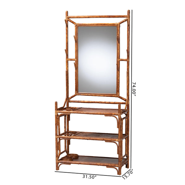 Baxton Studio Bali Feyre Marbled Tortoise Rattan Hall Tree With Mirror, 8 Hooks, 3 Shelves & Umbrella Holders WS200-Tortoise Rattan-Hall Tree