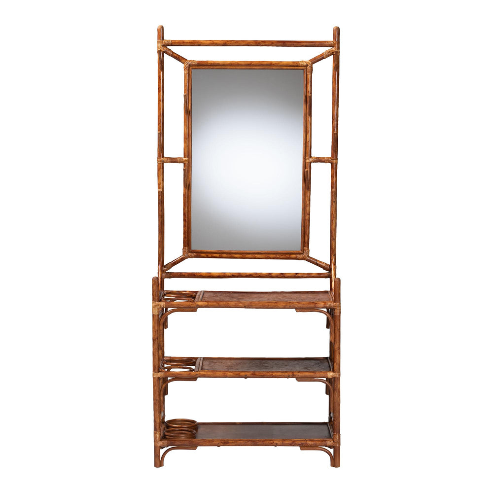 Baxton Studio Bali Feyre Marbled Tortoise Rattan Hall Tree With Mirror, 8 Hooks, 3 Shelves & Umbrella Holders WS200-Tortoise Rattan-Hall Tree