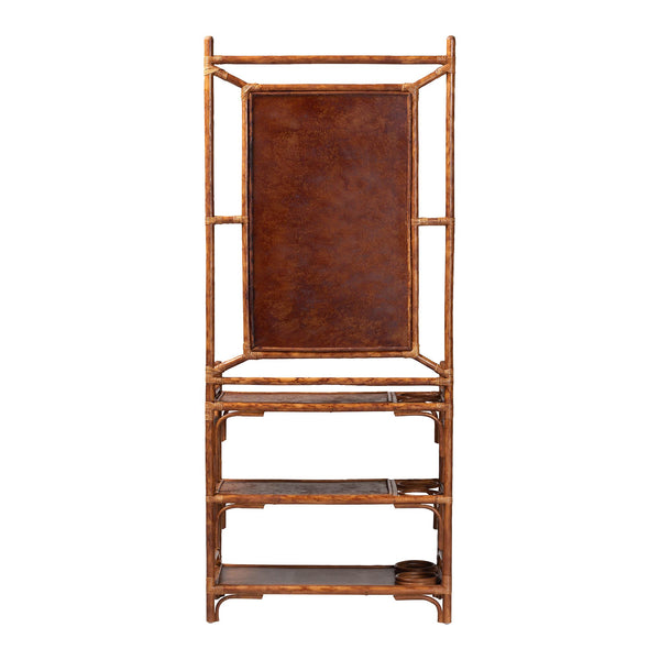 Baxton Studio Bali Feyre Marbled Tortoise Rattan Hall Tree With Mirror, 8 Hooks, 3 Shelves & Umbrella Holders WS200-Tortoise Rattan-Hall Tree