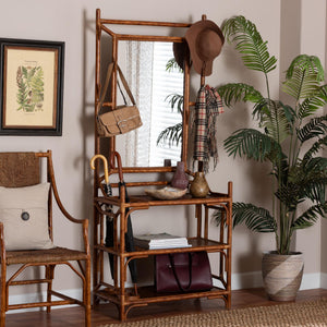 Baxton Studio Bali Feyre Marbled Tortoise Rattan Hall Tree With Mirror, 8 Hooks, 3 Shelves & Umbrella Holders WS200-Tortoise Rattan-Hall Tree