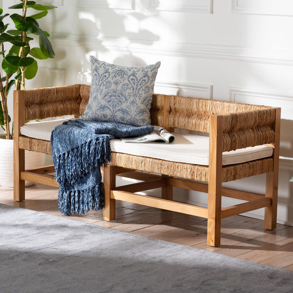 Baxton Studio Bali Ismael Accent Bench - Handwoven Seagrass Two-Seater With Mahogany Frame And Removable Cushion MD39884-Natural Wooden-Cushion-Bench