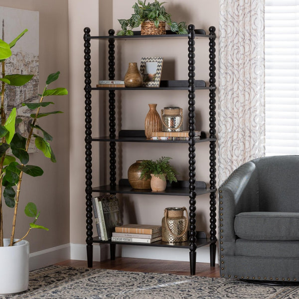 Baxton Studio Baxton Studio Lucera Five Tier Wood Bookcase with Turned Spindle Posts Farmhouse Style Black MG9011-Black-Display Shelf