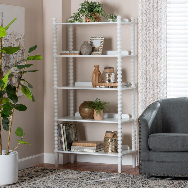 Baxton Studio Baxton Studio Lucera Five Tier Wood Bookcase with Turned Spindle Posts Farmhouse Style White MG9011-White-Display Shelf