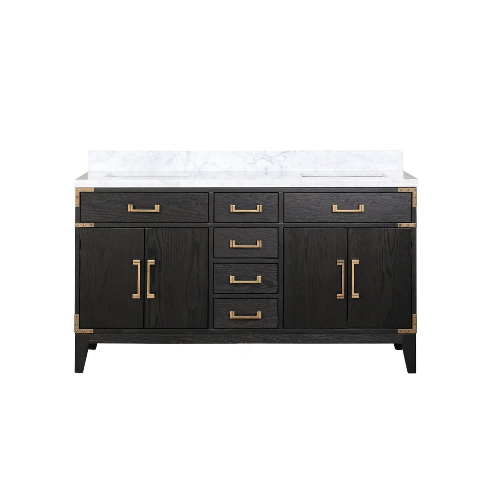 English Elm Black Oak Double Bathroom Vanity Solid Wood Frame with Genuine Carrara Marble Top B2731P260935