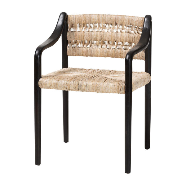 Baxton Studio Bali Handwoven Seagrass Dining Chair With Mahogany Frame, Openwork Back, Sloping Arms, Fully Assembled Onda-Black/Natural Abaca-Wooden-DC