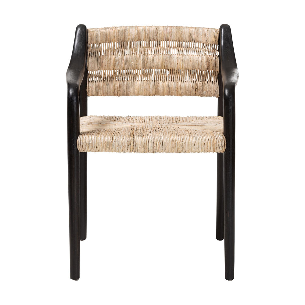 Baxton Studio Bali Handwoven Seagrass Dining Chair With Mahogany Frame, Openwork Back, Sloping Arms, Fully Assembled Onda-Black/Natural Abaca-Wooden-DC