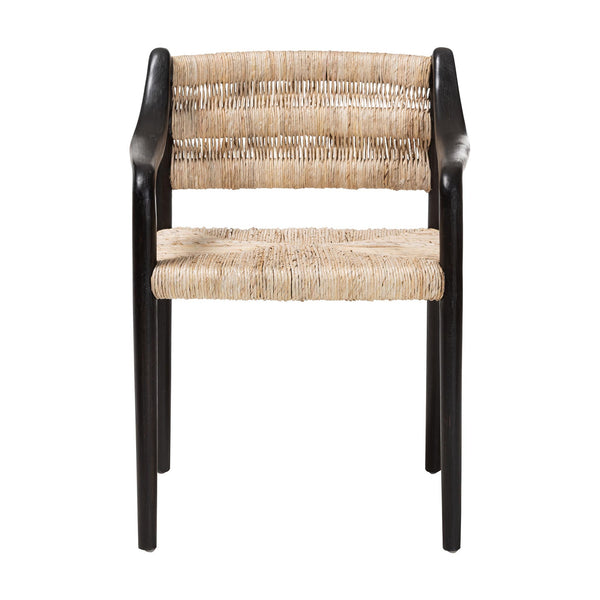 Baxton Studio Bali Handwoven Seagrass Dining Chair With Mahogany Frame, Openwork Back, Sloping Arms, Fully Assembled Onda-Black/Natural Abaca-Wooden-DC