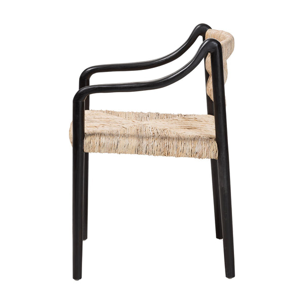 Baxton Studio Bali Handwoven Seagrass Dining Chair With Mahogany Frame, Openwork Back, Sloping Arms, Fully Assembled Onda-Black/Natural Abaca-Wooden-DC