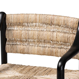 Baxton Studio Bali Handwoven Seagrass Dining Chair With Mahogany Frame, Openwork Back, Sloping Arms, Fully Assembled Onda-Black/Natural Abaca-Wooden-DC