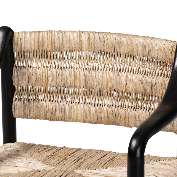 Baxton Studio Bali Handwoven Seagrass Dining Chair With Mahogany Frame, Openwork Back, Sloping Arms, Fully Assembled Onda-Black/Natural Abaca-Wooden-DC