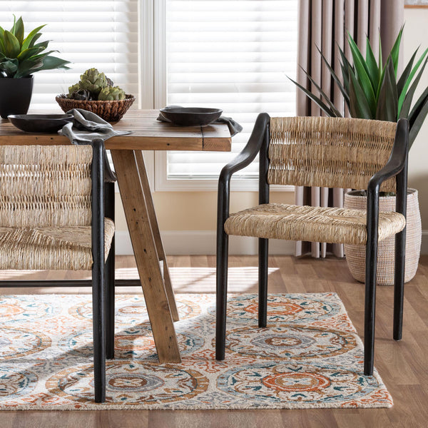 Baxton Studio Bali Handwoven Seagrass Dining Chair With Mahogany Frame, Openwork Back, Sloping Arms, Fully Assembled Onda-Black/Natural Abaca-Wooden-DC